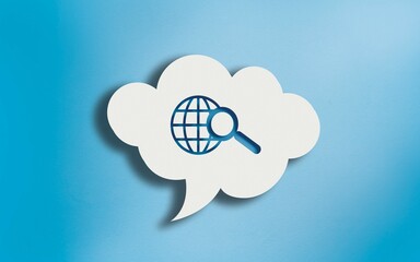 Global Search Icon in White Cloud Speech Bubble on Blue