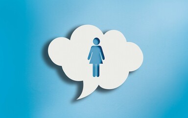 Female Icon in White Cloud Speech Bubble on Blue