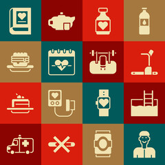 Set Positive thinking, Swimming pool with ladder, Treadmill machine, Vitamin pill, Heart rate, Junk food, Medical book and Bench barbel icon. Vector