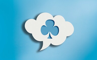 Club Playing Cards Icon in White Cloud Speech Bubble on Blue