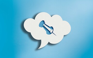 Location Pin Icon in White Cloud Speech Bubble on Blue