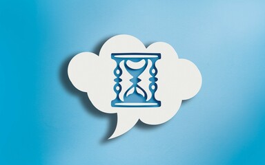 Hourglass Icon in White Cloud Speech Bubble on Blue