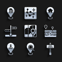 Set City map navigation, Search location, Road traffic sign, Broken road, Location with anchor, house and Alcohol beer bar icon. Vector