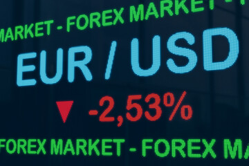 Currency EUR / USD - exchange rate. LED screen. Euro drops against USD. Infographic with percentage sign on the exchange screen. Currency trading, Forex and economy concept. 3D illustration