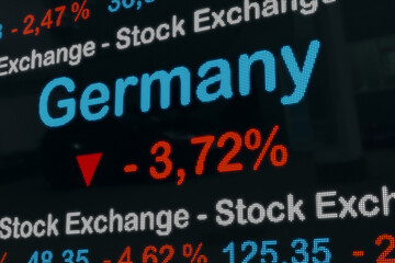 German Stock Market, strong decline. Stock Exchange Ticker Germany.  Negative percentage sign in red. Stock Market Data, business and trading concept. 3D illustration