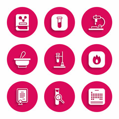 Set Test tube flask on fire, and, Periodic table, Fire flame, Certificate template, Mortar pestle, Microscope and Chemistry book icon. Vector