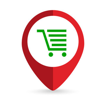 Map pointer with Shopping cart icon. Vector illustration.