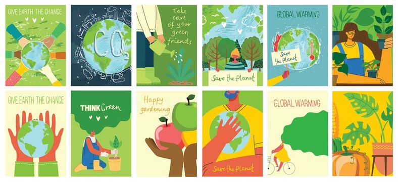 Vector eco illustration cards for social poster, banner or card of saving the planet, human hands protect our earth.