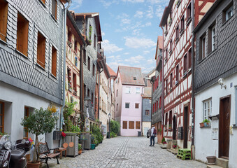 Old street in Furth, Germany. Architecture and landmark of Germany with fackwerk houses
