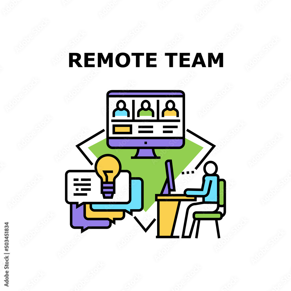 Poster remote team vector icon concept. remote team searching and studying in internet. teamwork communicat