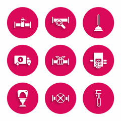 Set Industry metallic pipe, and valve, Pipe adjustable wrench, Gas boiler, Toilet bowl, Plumber service car, Rubber plunger and icon. Vector