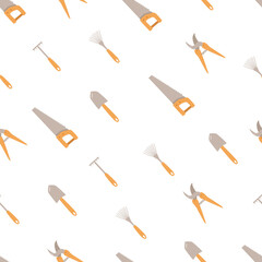 Seamless pattern tools for the garden. Vector illustration of a shovel, hoe, rake, hand saw and pruner.