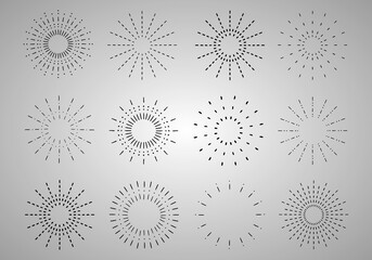 Vintage sunrise collection.  Vector light rays elements. Sunburst set.  Firework explosion, stars, emblem, logo, tag. Vector Illustration 