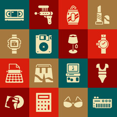 Set Music synthesizer, Swimsuit, Wrist watch, Soda can with straw, Floppy disk, VHS video cassette tape and Floor lamp icon. Vector