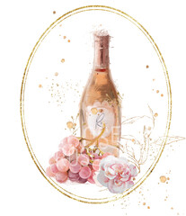 Arrangement with the rose wine and grape.