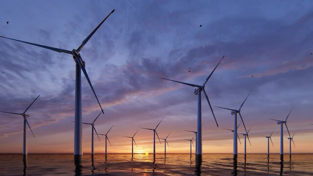 4K Video. Wind power plant towers in sea. Energy Windwill in dusk ocean at sunset with beautiful golden horizon, 3d animation. windwill generating alternative energy. 