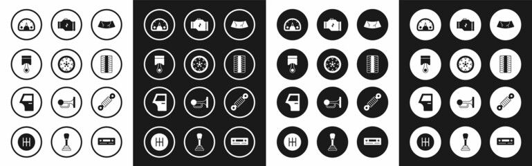 Set Broken windshield, Alloy wheel, Engine piston, Speedometer, Car tire, Check engine, Shock absorber and door icon. Vector