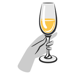 Illustration of hand holding glass with white wine. Image for restaurants and bars.