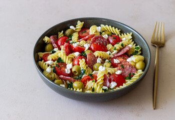 Salad with fusilli pasta, sausage, olives and cottage cheese. Italian food.