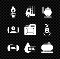 Set Oil rig with fire, Gas tank for vehicle, storage, drop, and Canister motor oil icon. Vector