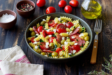 Salad with fusilli pasta, sausage, olives and cottage cheese. Italian food.