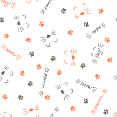 Vector seamless pattern. With cats, cat footprints, lines and words meow, purr, hey! Grey and coral elements on white background. Can be used for wallpaper, giftwrap, fabric and other