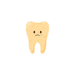 Sad yellow cartoon teeth with plaque flat style, vector illustration