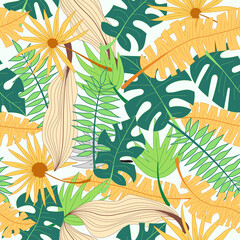 Seamless pattern tropical leaves, vector design