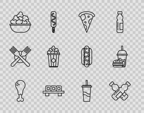 Set line Chicken leg, Crossed bottle of water, Slice pizza, Sushi on cutting board, Popcorn bowl, cardboard box, Paper glass with drinking straw and and burger icon. Vector