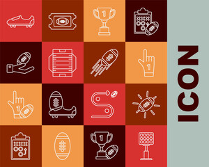 Set line Bright stadium lights, American Football ball, Number 1 one fan hand glove with finger raised, Award cup, football field, Soccer or shoes spikes and icon. Vector