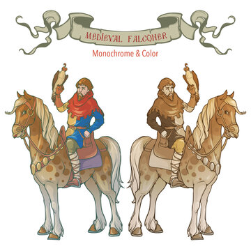 Medieval falconer sitting on a horseback. A courtier organizing royal falcon hunting. Medieval gothic style concept art. Color drawing isolated on white background. EPS10 vector illustration