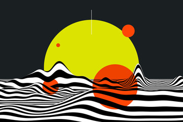 Black and white wavy stripes on black background. Trendy abstract ripple texture. Smooth flowing lines pattern design and large sun on the horizon 3d illustration