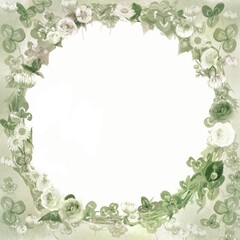 四葉のクローバーとシロツメクサのフラワーリースの水彩画風カードフレームイラスト