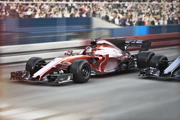 Tuinposter Formule 1 Motorsport competitieve teamraces. Menigte juicht met snel bewegende generieke raceauto& 39 s racen over de baan naar de finish met bewegingsonscherpte. 3D-rendering.