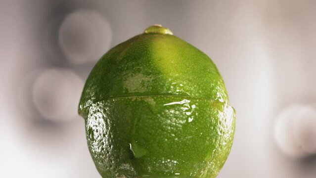 Half Lime falling and splashing on white background. Food levitation concept. Slow Motion