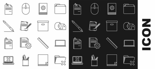 Set line Delete folder, Laptop, Scotch, User manual, Blank notebook and pencil with eraser, Pen line, Note paper pinned pushbutton and Carton cardboard box icon. Vector
