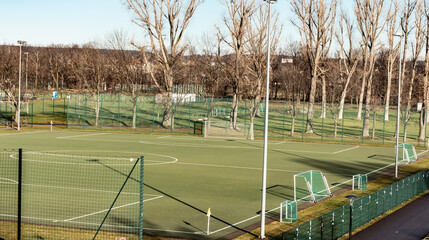 Empty Football Pitch In City. Playground For Football. Soccer Field For Trainings And Games