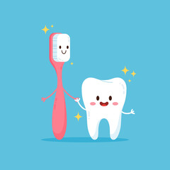 Cute tooth and toothbrush kawaii characters, flat vector illustration isolated.