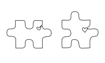 Set of two jigsaw puzzle pieces with little hearts in one line style for marriage therapy website or invitation design