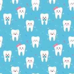 Cute teeth characters seamless pattern, flat vector illustration.