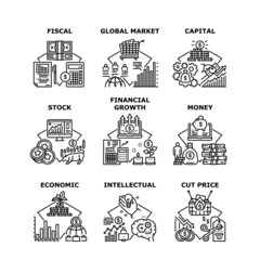 Financial Growth Set Icons Vector Illustrations. Money Capital Financial Growth And Economic, Fiscal And Global Market, Stock And Intellectual. Cut Price Seasonal Discount Black Illustration