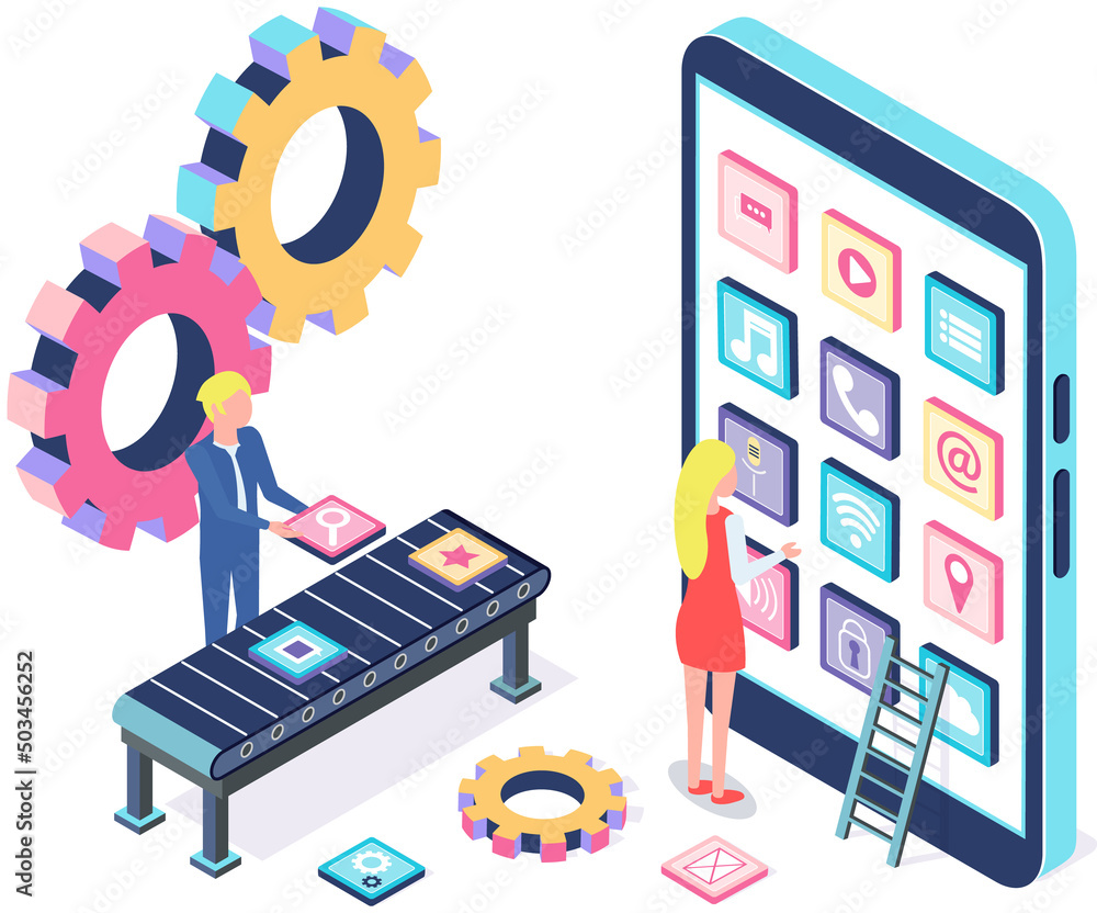 Poster girl stands near smartphone with application interface on screen. woman looking at icons in mobile a
