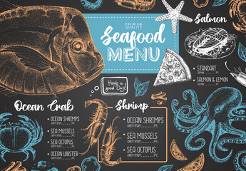Chalk drawing seafood restaurant menu design with hand drawing fish. Vector illustration © annbozhko