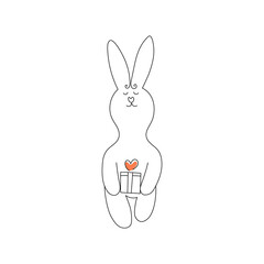 A cute rabbit carries a gift box on a white background. Thin line outline style. Minimal design. Vector illustration.