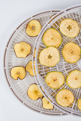 electric dryer for fruits and vegetables, close-up, apples are laid out on a white round grid