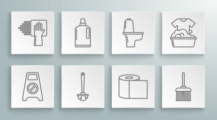 Set line Wet floor and cleaning in progress, Plastic bottles for liquid dishwashing liquid, Toilet brush, paper roll, Handle broom, bowl, basin with soap suds and Cleaning service icon. Vector