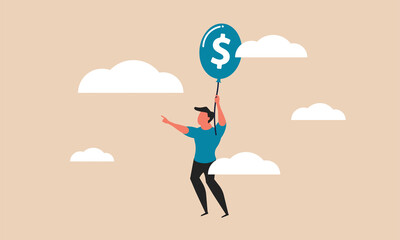 Business balloon with man and career freedom. Finance fly and professional relax people vector illustration concept. Money motivation and innovation imagination. Character high help and free positive