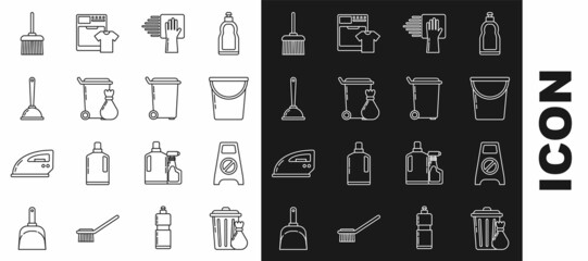 Set line Trash can and garbage bag, Wet floor cleaning in progress, Bucket, Cleaning service, Toilet plunger, Handle broom and icon. Vector