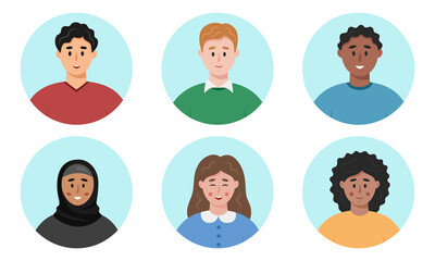 Young people icons. Happy person round avatars. Faces of different young man and woman. People portraits set. Isolated vector illustration in flat style. 