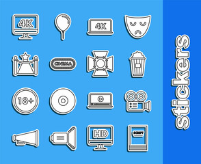 Set line Scenario, Cinema camera, Popcorn cardboard box, Laptop screen with 4k video technology, poster design template, Carpet barriers and star, Computer PC monitor and Movie spotlight icon. Vector